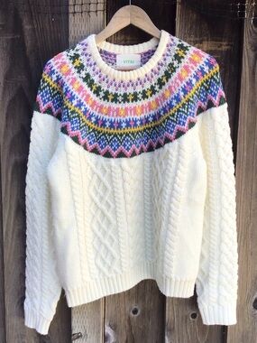 Yitai Fair Isle Cable Knit Wool Blend Sweater Womens Small Cozy Cottagecore